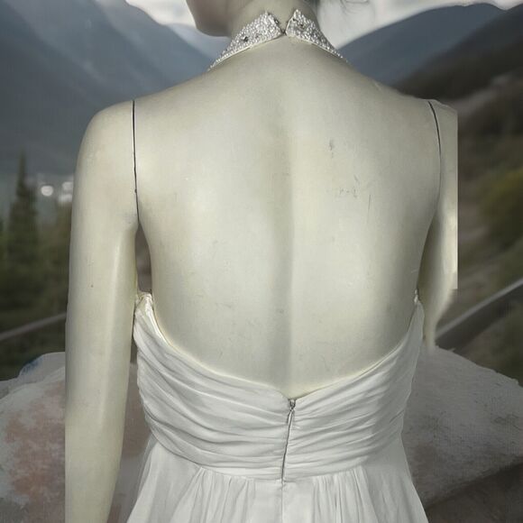 White Wedding Dress Sleeveless Halter Gown Embellished Bead Train V Neck Small 6 - Picture 5 of 6